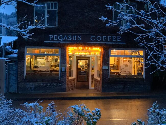 Pegasus Coffee House in the snow of winter