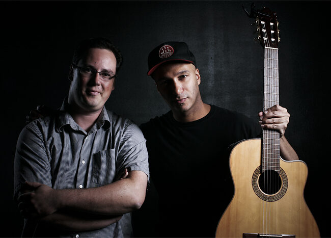 Tom Morello with Stefan Goldby at the maniaTV Studio in Los Angeles