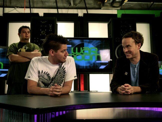 Turtle Gonzalez, Rob Talbert and Brandon Schulze on the Los Angeles set of Arcade