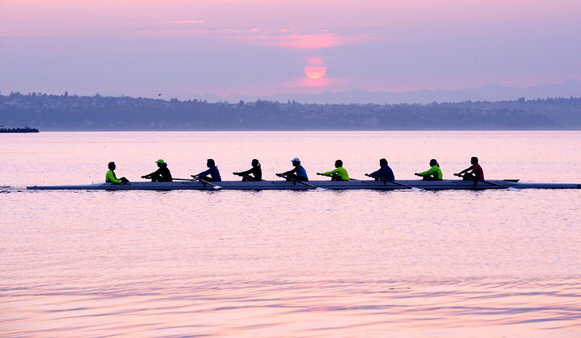 Bainbridge Island Rowing - masters ladies 8 at sunrise on Puget Sound