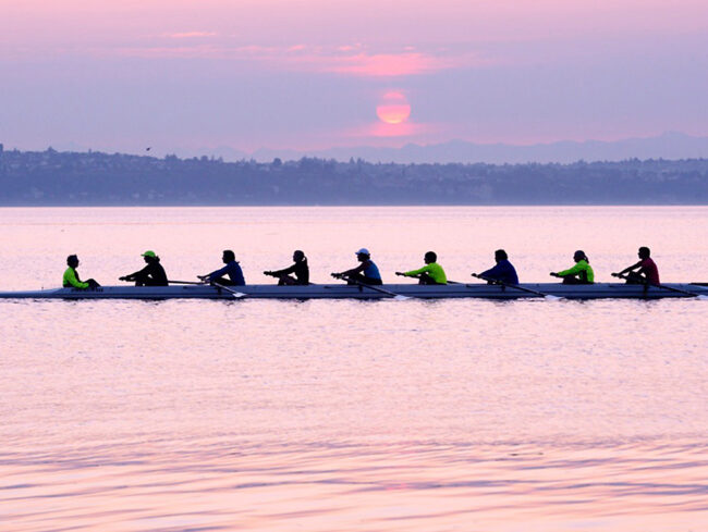 Bainbridge Island Rowing - masters ladies 8 at sunrise on Puget Sound