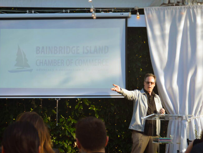 Stefan Goldby hosting the 2023 Bainbridge Business Awards at Pleasant Beach Village