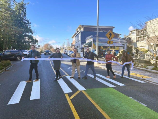 Winslow Way Crosswalk ribbon cutting - Chris Wierzbicki, Erika Thayer, Blair King, Stefan Goldby, Alex Sanso