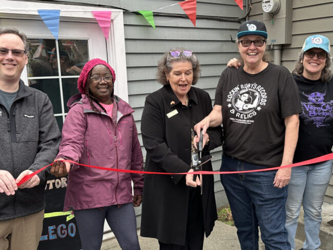 Rockin' Ruby's and Viking Bricks Grand Opening ribbon cutting Stefan Goldby - Brenda Fantroy-Johnson - Becky Erickson - Melanie Peters - Mary Peters